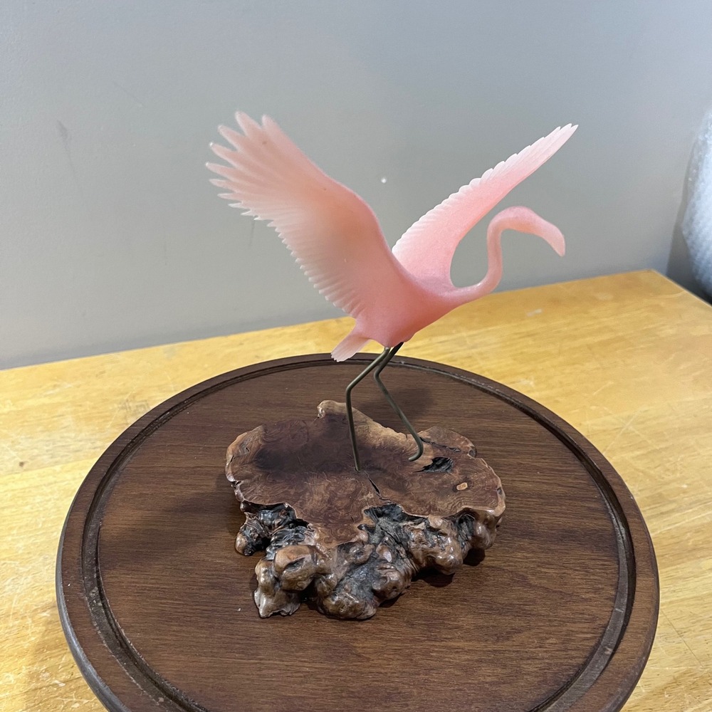 Vtg‎ John Perry Pink Flamingo Pellucida Sculpture on Burl Wood Base Coastal Art